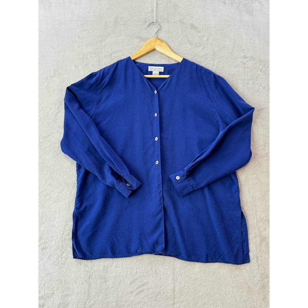 Vintage Saks Fifth Avenue Women's Large 100% Silk Blue Button Up Shirt Shacket